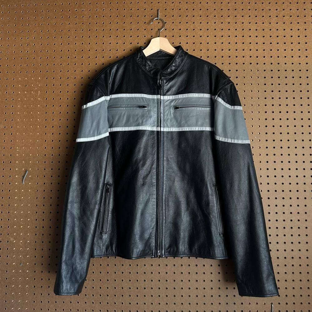 Vintage Leather Cafe Racer Jacket Racing Stripe XL